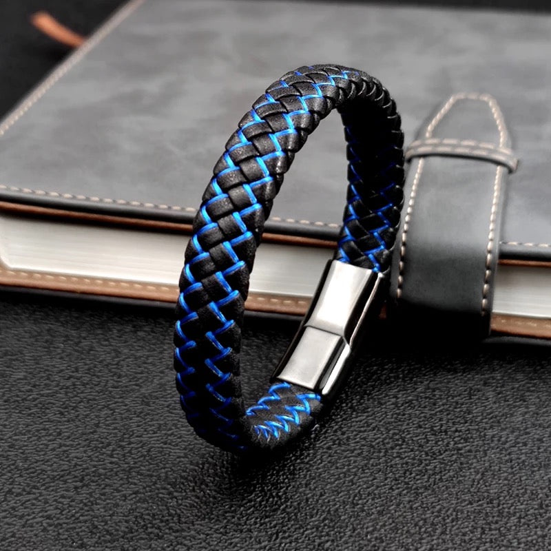 Black & Blue Leather Braided Cuff Bracelet