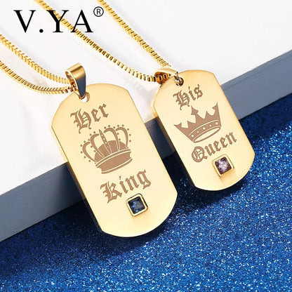 His Queen Her King Gold Dog Tag Couples Necklace Set