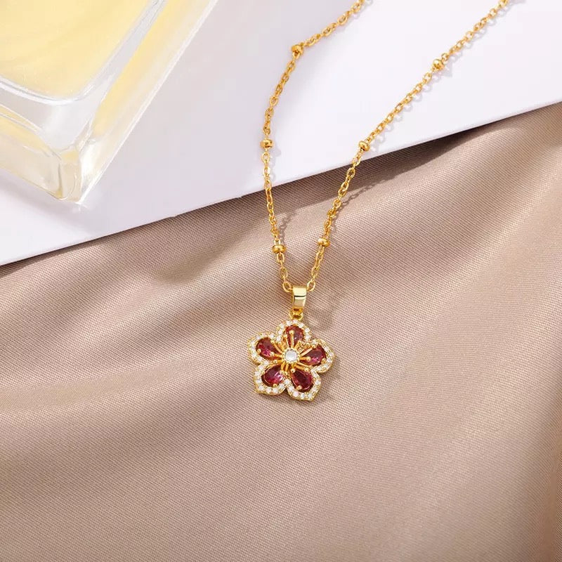 Pink Zircon Flower Stainless Steel Necklace