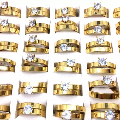 Flat Surface Golden Zircon Stainless Steel Couples Rings