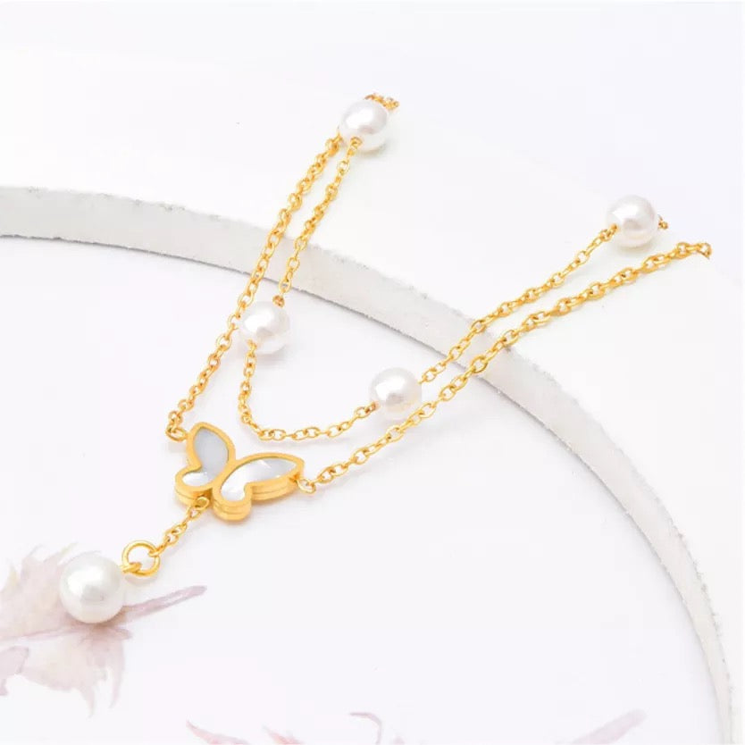 Pearl Beaded Butterfly Double Layer Stainless Steel Anklet