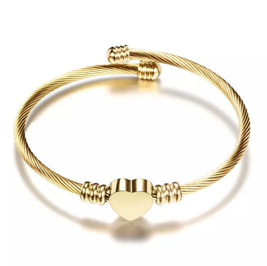 Gold Heart Charm Stainless Steel Bangle Bracelet