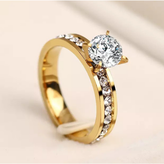 Gold Stainless Steel Crystal Ring with Stone