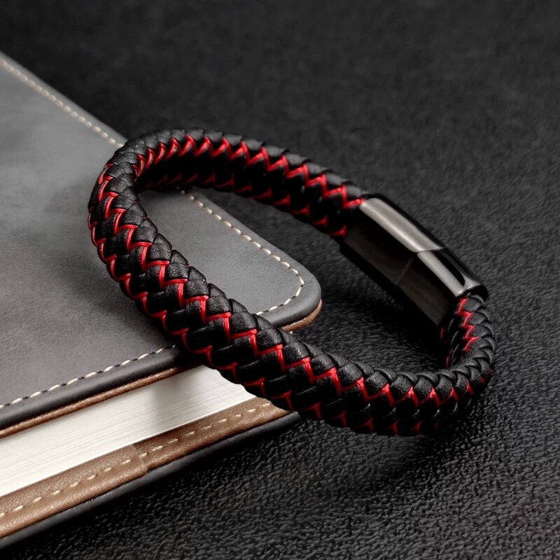 Black & Red Leather Braided Cuff Bracelet