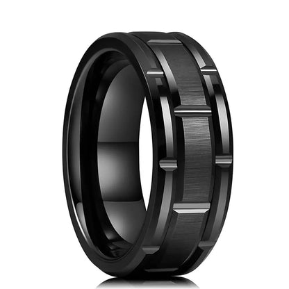 Black Brick Patterned Groove Stainless Steel Ring