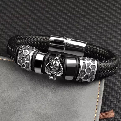 Spades Skull Stainless Steel Braided Leather Bracelet