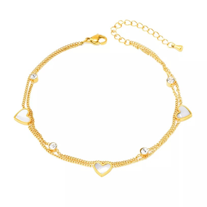 Zircon Love Hearts Double Layer Stainless Steel Anklet