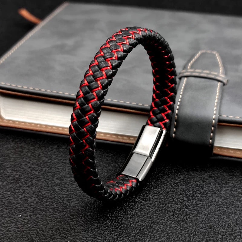 Black & Red Leather Braided Cuff Bracelet