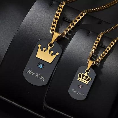 His Queen Her King Figaro Gold & Black Dog Tag Couples Necklace Set