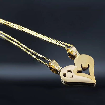 Gold Spliced Heart Couples Stainless Steel Necklace Set