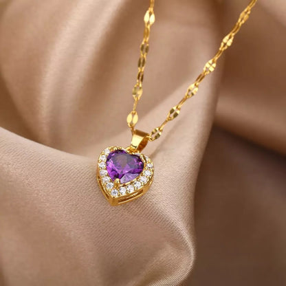 Purple Heart Cubic Zirconia Stainless Steel Necklace