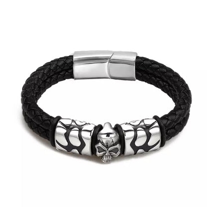 Bohemian Skull Stainless Steel Braided Leather Bracelet