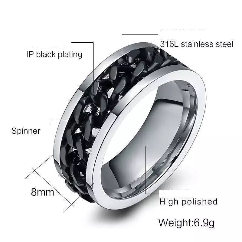 Silver with Black Chain Spinner Stainless Steel Ring