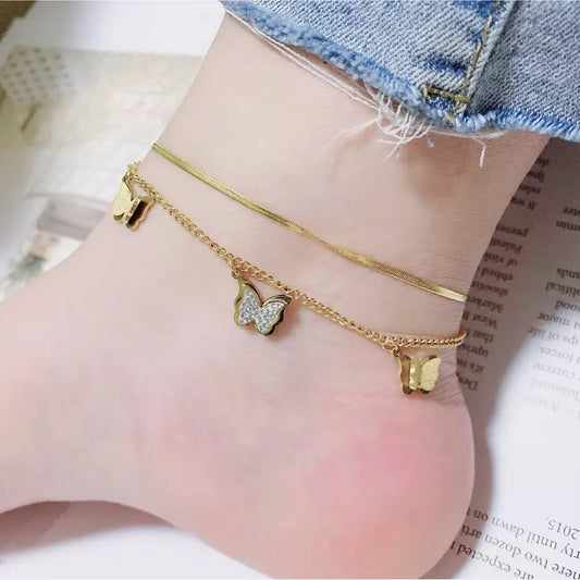 Zircon Butterfly Snake Bone Double Layer Stainless Steel Anklet