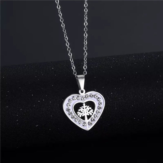 Heart-Tree Silver Rhinestone Stainless Steel Necklace