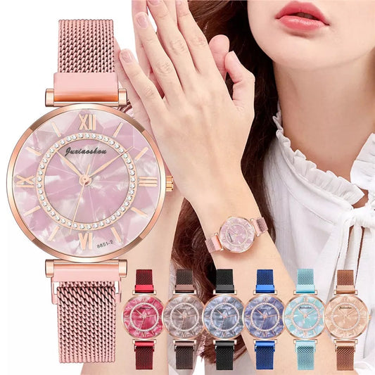 Rhinestone Marble Dial Stainless Steel Watch for Women