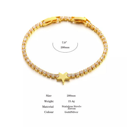 Flashbuy Luxury Gold Zircon Stainless Steel Tennis Bracelet with Star Charm