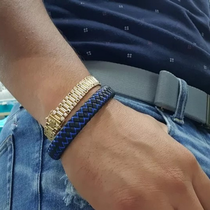 Black & Blue Leather Braided Cuff Bracelet