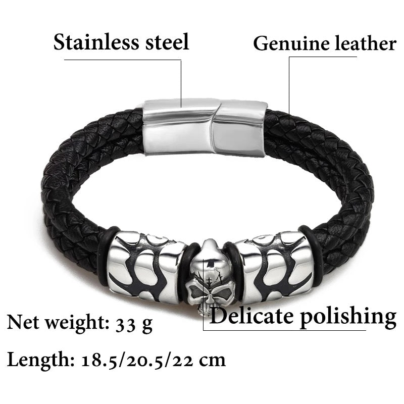 Bohemian Skull Stainless Steel Braided Leather Bracelet