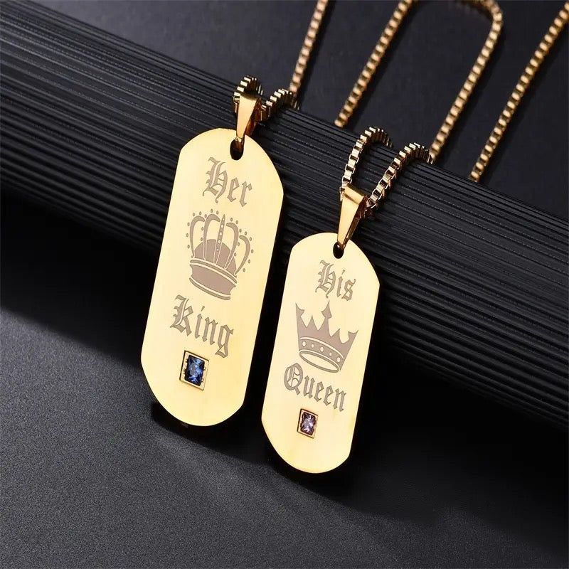 His Queen Her King Gold Dog Tag Couples Necklace Set