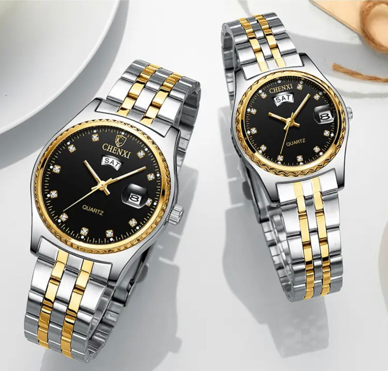 CHENXI Silver Black 2pcs Lovers Watch Set for Couples