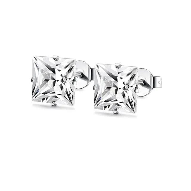 Unisex Silver Square Stud Stainless Steel Earrings