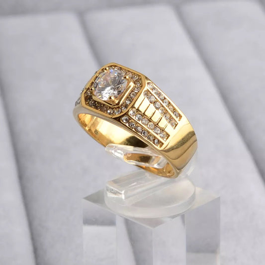 Gold Cubic Zirconia Stainless Steel Ring for Men