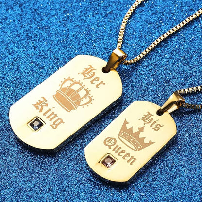 His Queen Her King Gold Dog Tag Couples Necklace Set