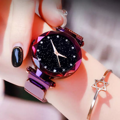 Purple Magnetic Galaxy Quartz Stainless Steel Watch for Women