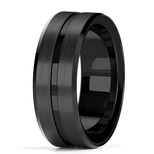 Black Beveled Edge Brushed Stainless Steel Ring for Men