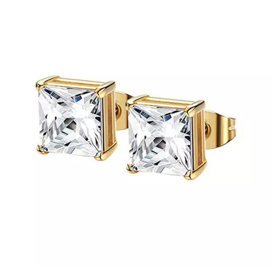 Unisex 6MM Gold Square Inlaid Stud Stainless Steel Earrings
