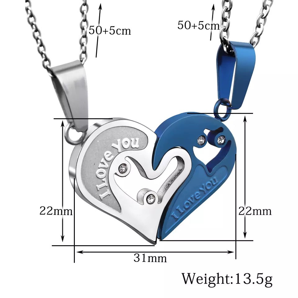 Silver & Blue Spliced Heart Couples Stainless Steel Necklace Set