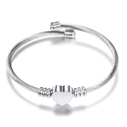 Silver Heart Charm Stainless Steel Bangle Bracelet