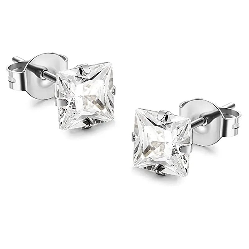 Unisex Silver Square Stud Stainless Steel Earrings