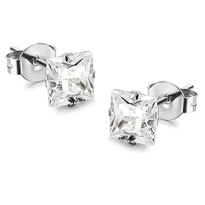 Unisex Silver Square Stud Stainless Steel Earrings