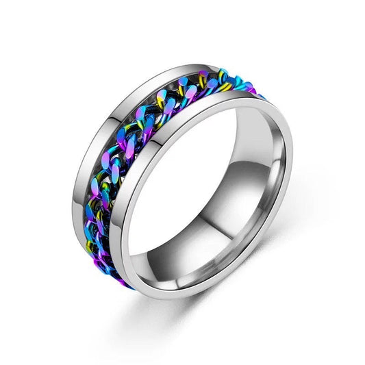 Silver with Holographic Chain Spinner Stainless Steel Ring