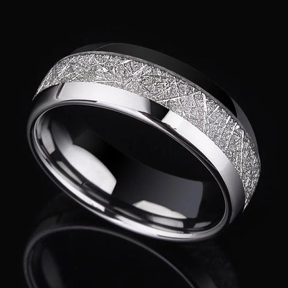 Silver Meteorite Stone Patterned Inlaid Stainless Steel Ring