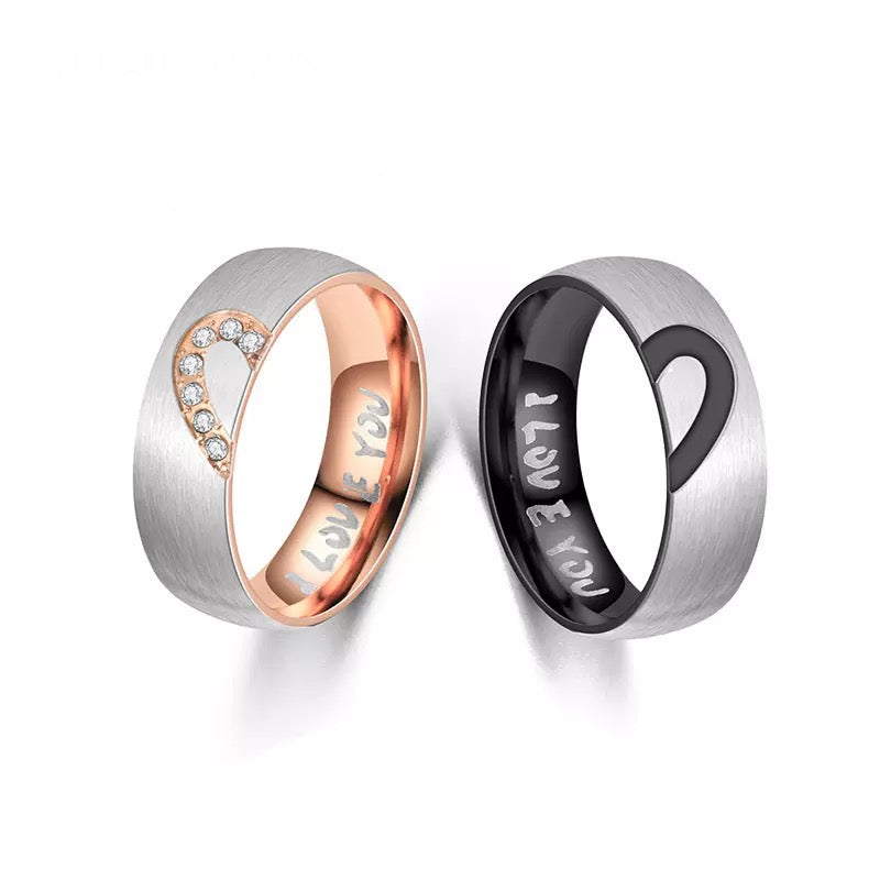 I Love You Crystal Heart Stainless Steel Couples Rings