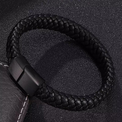 Black Leather Braided Cuff Bracelet