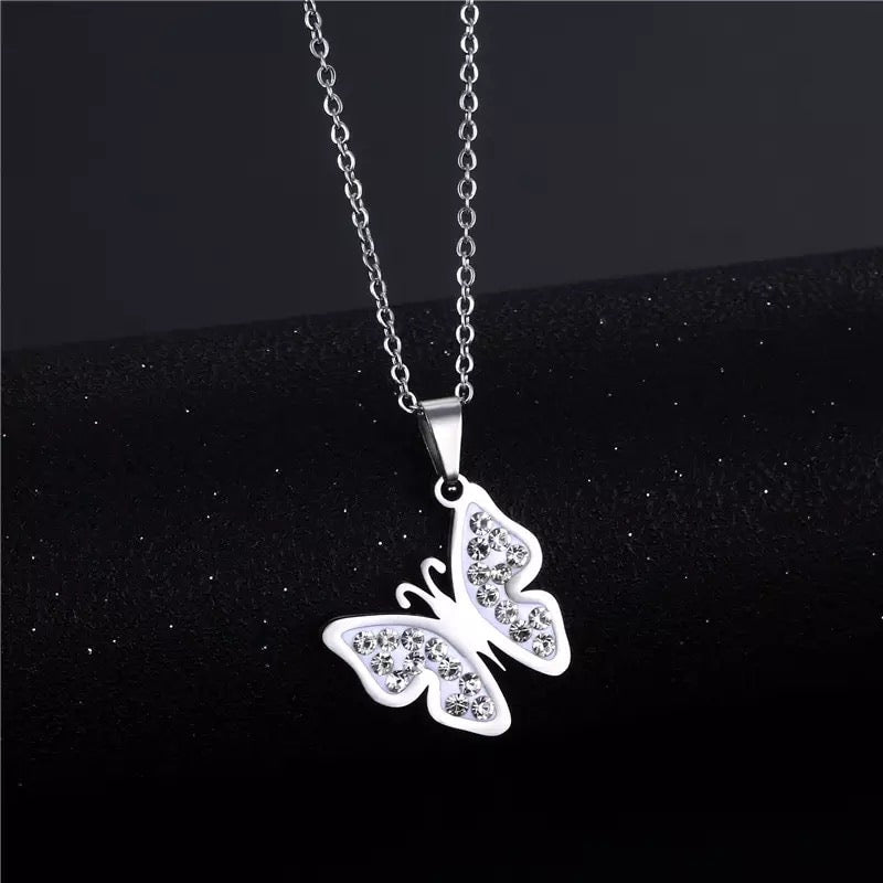 Butterfly Silver Rhinestone Stainless Steel Necklace Style 2