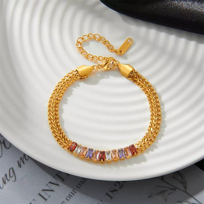 Zircon Colorful Crystal Charm Thick Chain Stainless Steel Bracelet