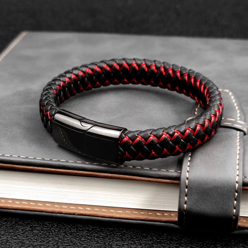 Black & Red Leather Braided Cuff Bracelet