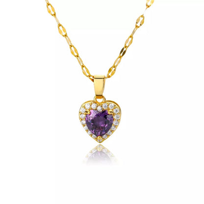 Purple Heart Cubic Zirconia Stainless Steel Necklace