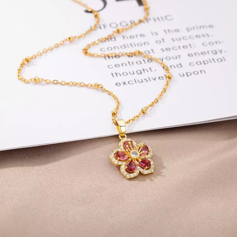 Pink Zircon Flower Stainless Steel Necklace