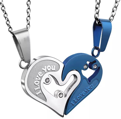 Silver & Blue Spliced Heart Couples Stainless Steel Necklace Set