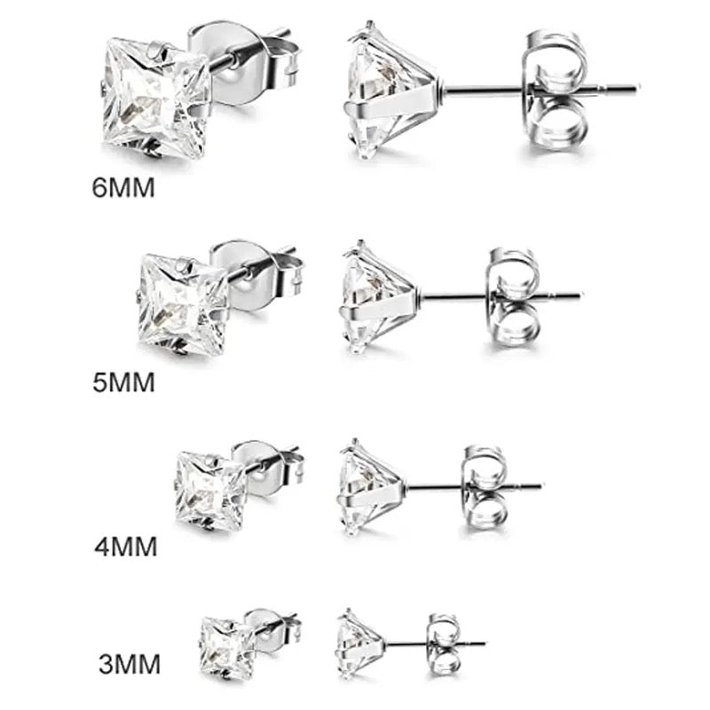 Unisex Silver Square Stud Stainless Steel Earrings