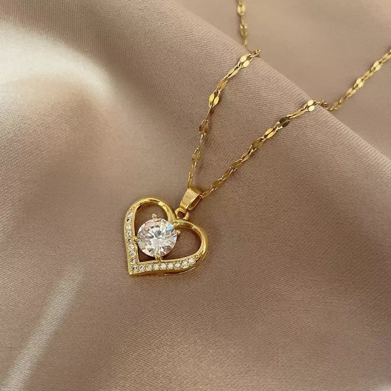 Zircon Crystal Heart Stainless Steel Necklace