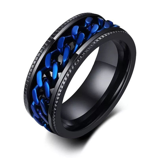Black with Blue Chain Spinner Stainless Steel Ring