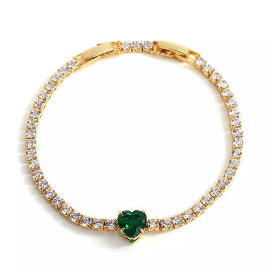 Flashbuy Luxury Green Heart Gold Zircon Stainless Steel Tennis Bracelet