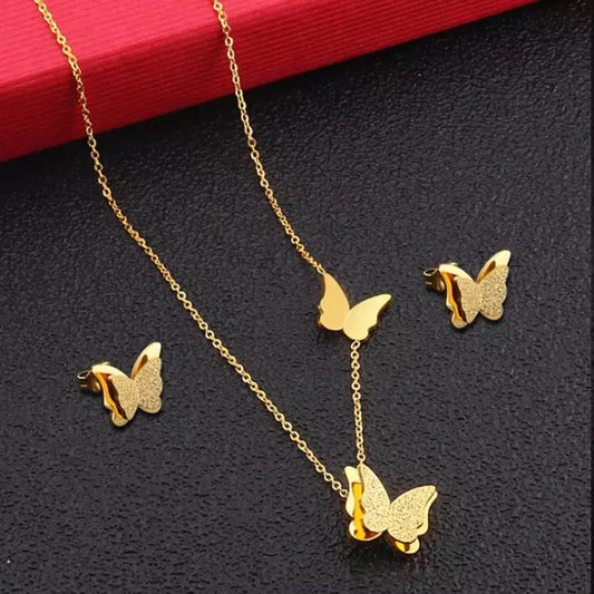 Korean Double Butterfly Stainless Steel Necklace Set